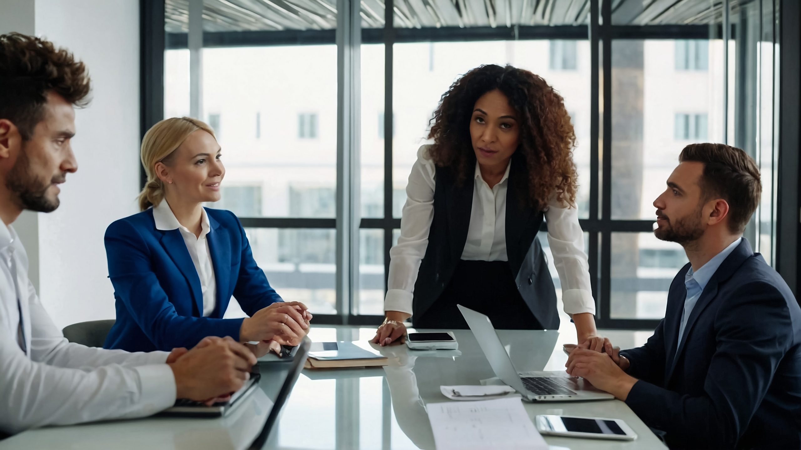 équipe d'agence en consultation avec un client dans un bureau, scène professionnelle et réaliste