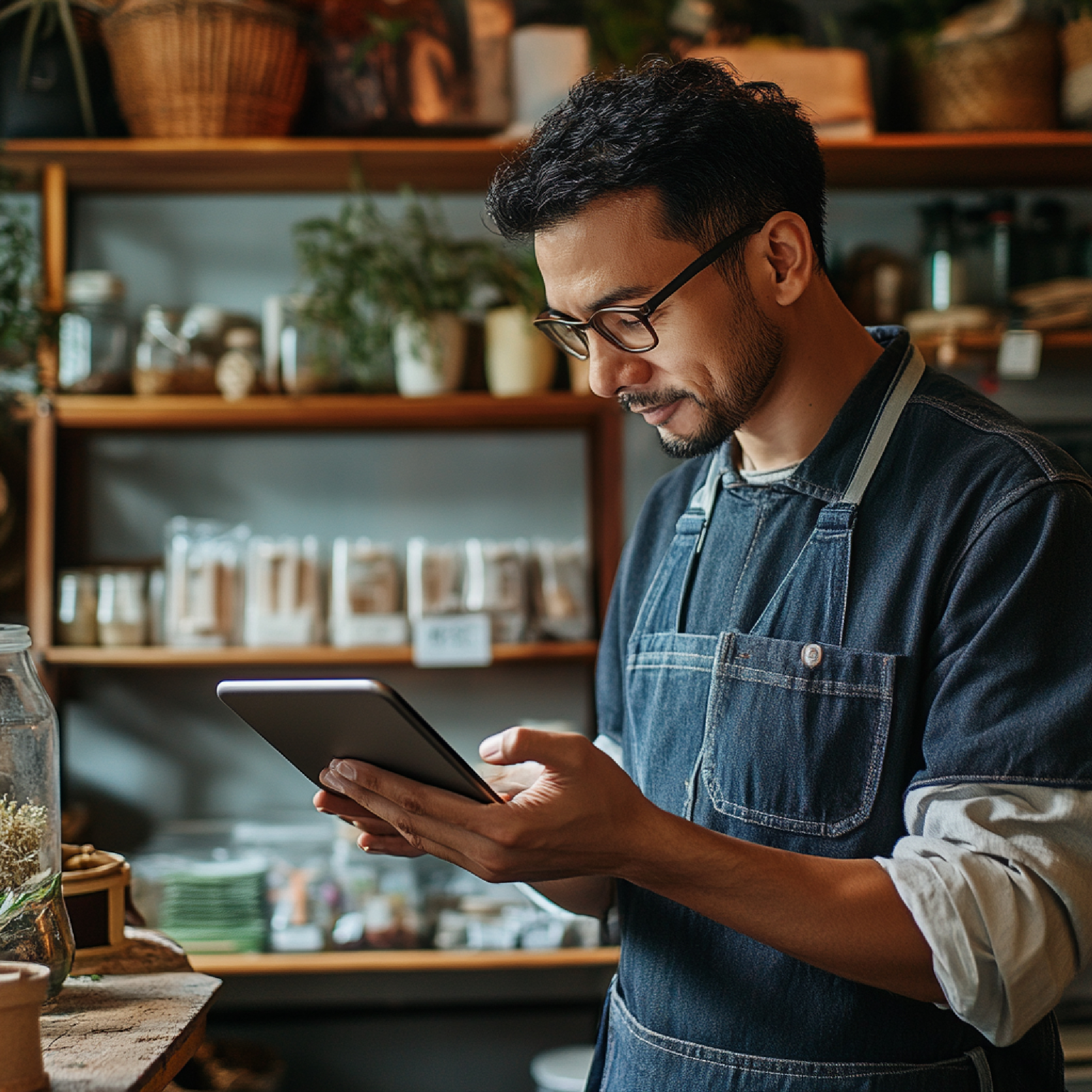 Buraliste consultant sa fiche Google My Business sur tablette dans un bureau moderne à Toulouse
