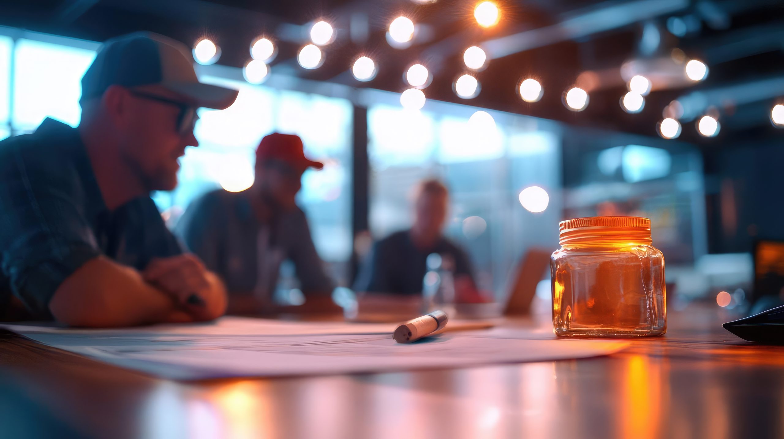 A warm-lit workspace with people gathered around a table, brainstorming ideas in a creative environment. Réunion de stratégie marketing dans un bureau de tabac